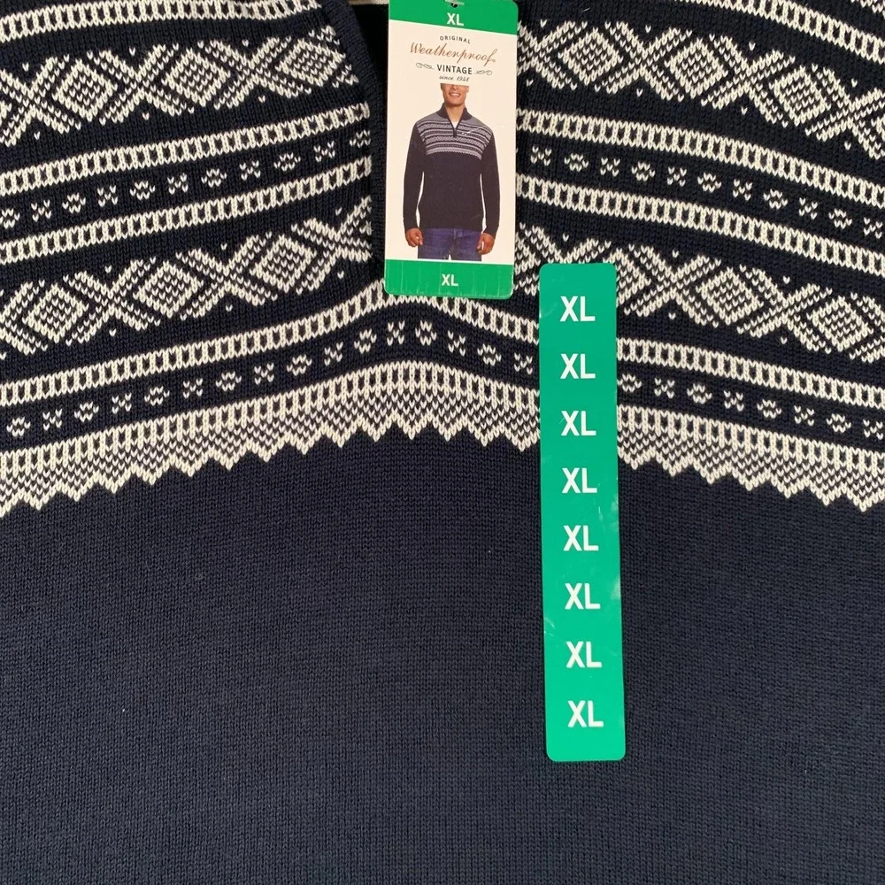 Weatherproof Vintage Sweater Mens XL Navy‎ Fair Isle 1/4 Zip Mock Neck Pullover